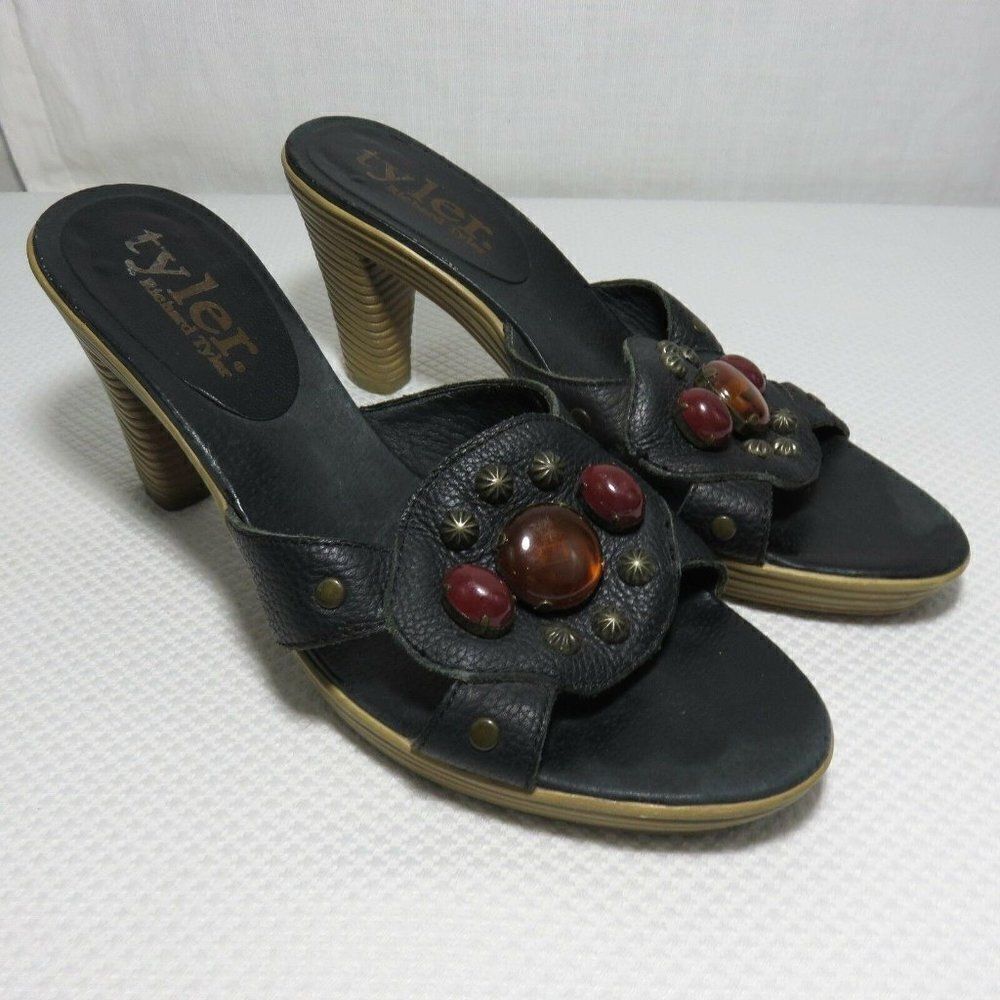 Richard Tyler 7 Black Dreamsicle Leather Slides Shoes Sandals Beads Studs
